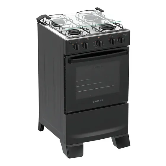 Fogão 4 bocas Atlas Mônaco Plus Preto com Acendimento Automático e Mesa Inox Bivolt
