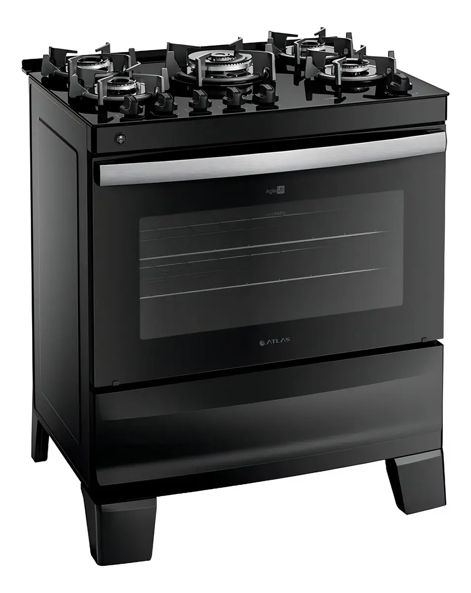 Fogão 5 bocas Atlas Agile Up Preto com Mesa de Vidro Bivolt